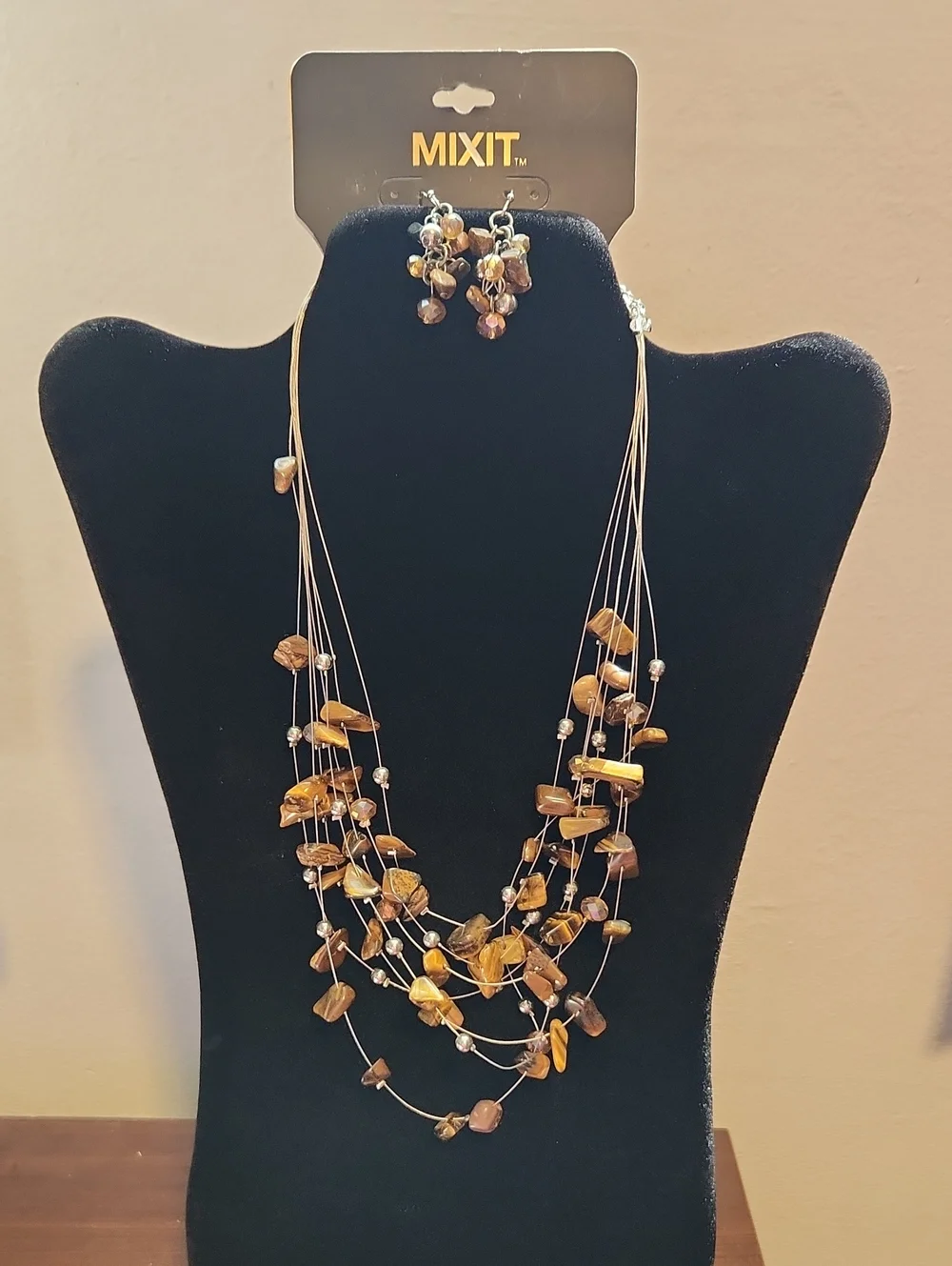 NWT Mixit Layered Brown and Gold Bead Necklace with Matching Earrings